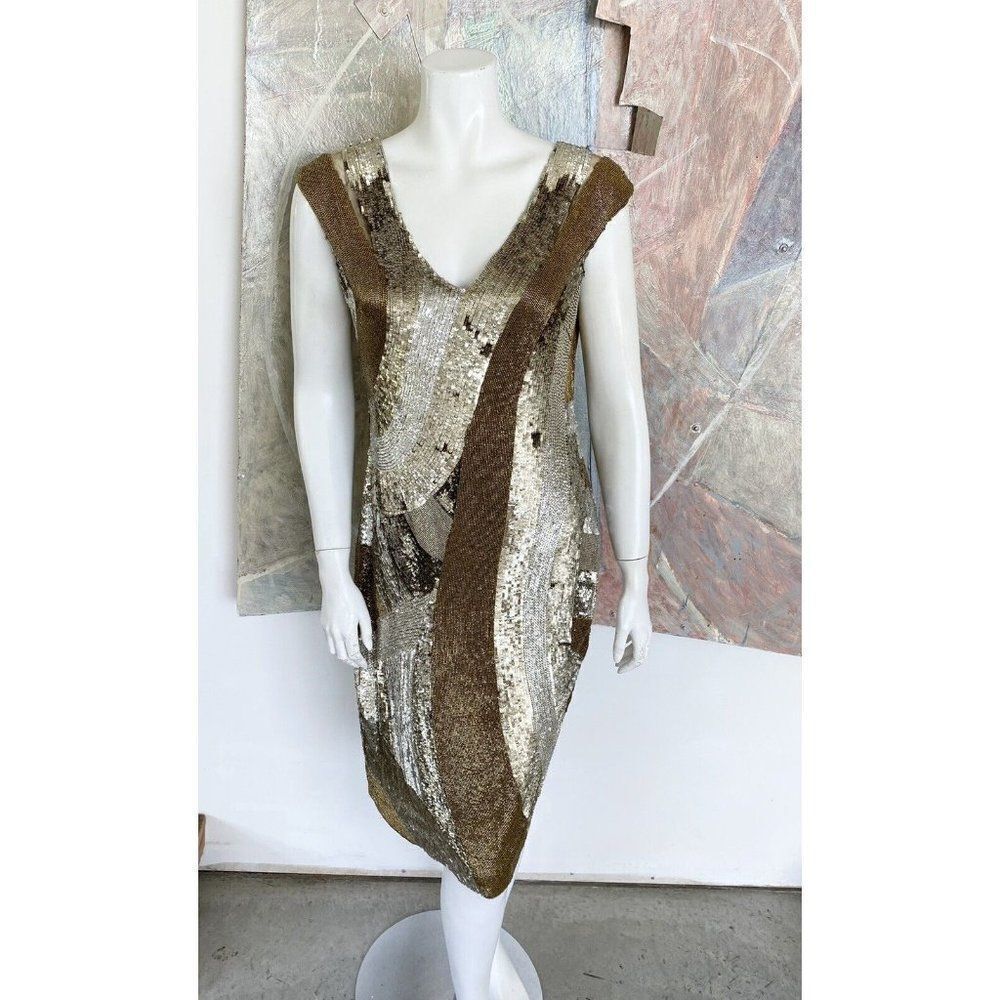 Monique Lhuillier Dress Red Carpet Sequined Gold Silk Silver Sheath Size 4